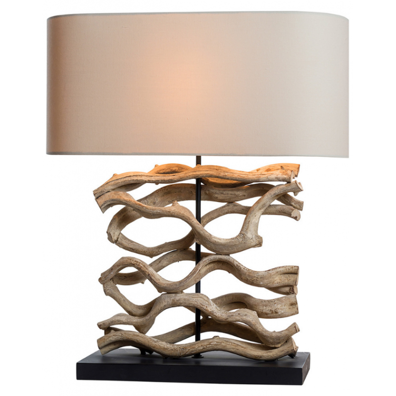 Lampa à poser bois blanchi H.60cm abat-jour en lin Hilo