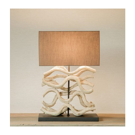 Lampe à poser bois blanchi H.60cm abat-jour en lin Hilo