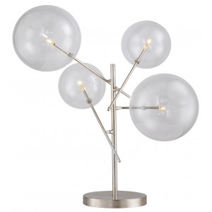 Lampe de table led 4 globes en verre, finition métal argenté