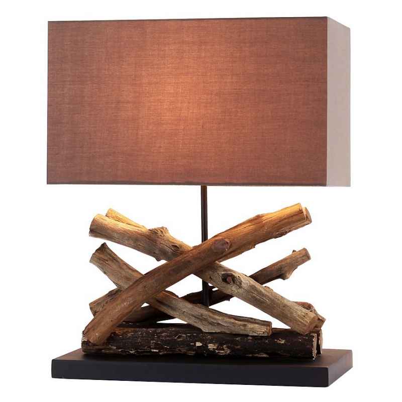 Lampe à poser bois flotté abat-jour rectangle en coton H.50 cm Akoa